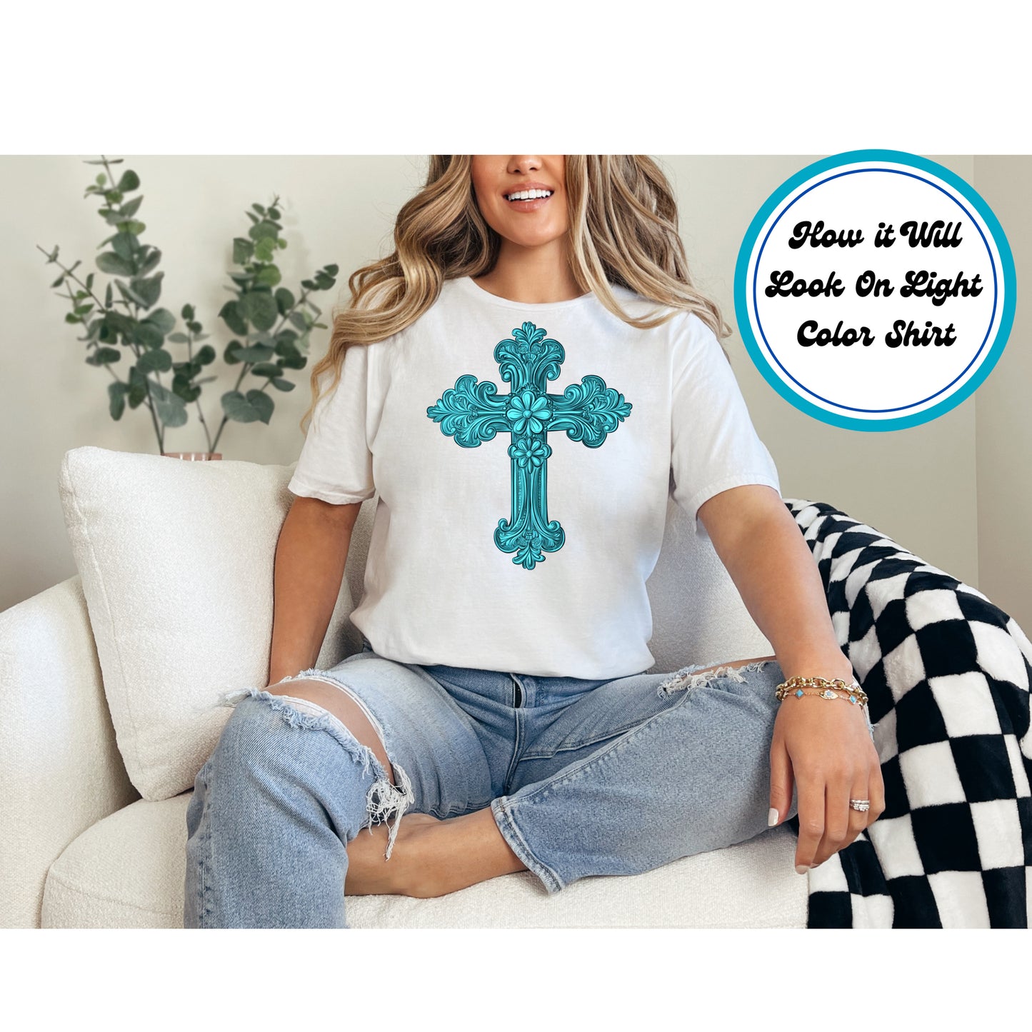 Western DTF Transfer Iron On Heat Transfer - Ready to Press,Turquoise Cross DTF Transfer 5666