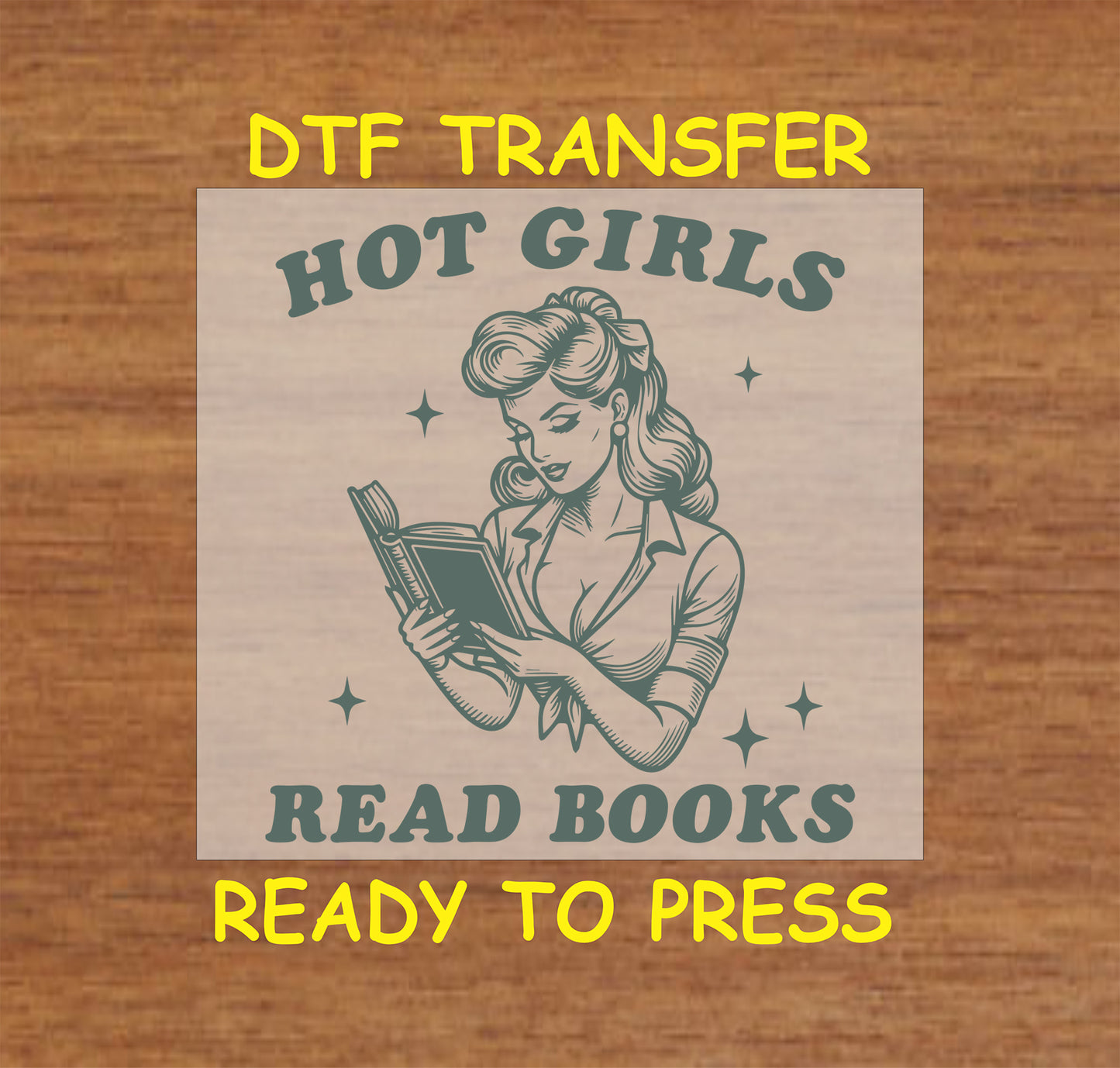 Vintage-style pin-up woman reading a book with "Hot Girls Read Books" text.