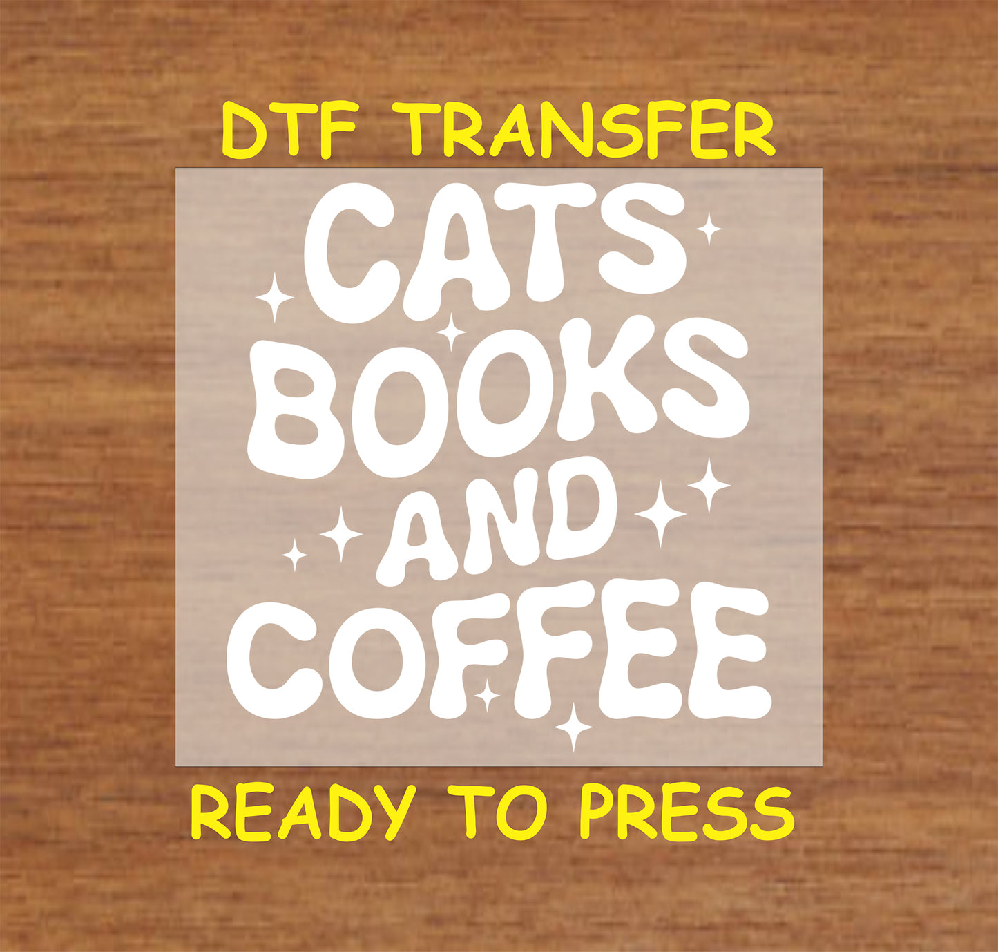 Cozy text design that reads "Cats, Books, and Coffee" with decorative sparkles.