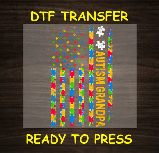 Colorful puzzle piece flag with the text "Autism Grandpa" in bold letters, DTF transfer.