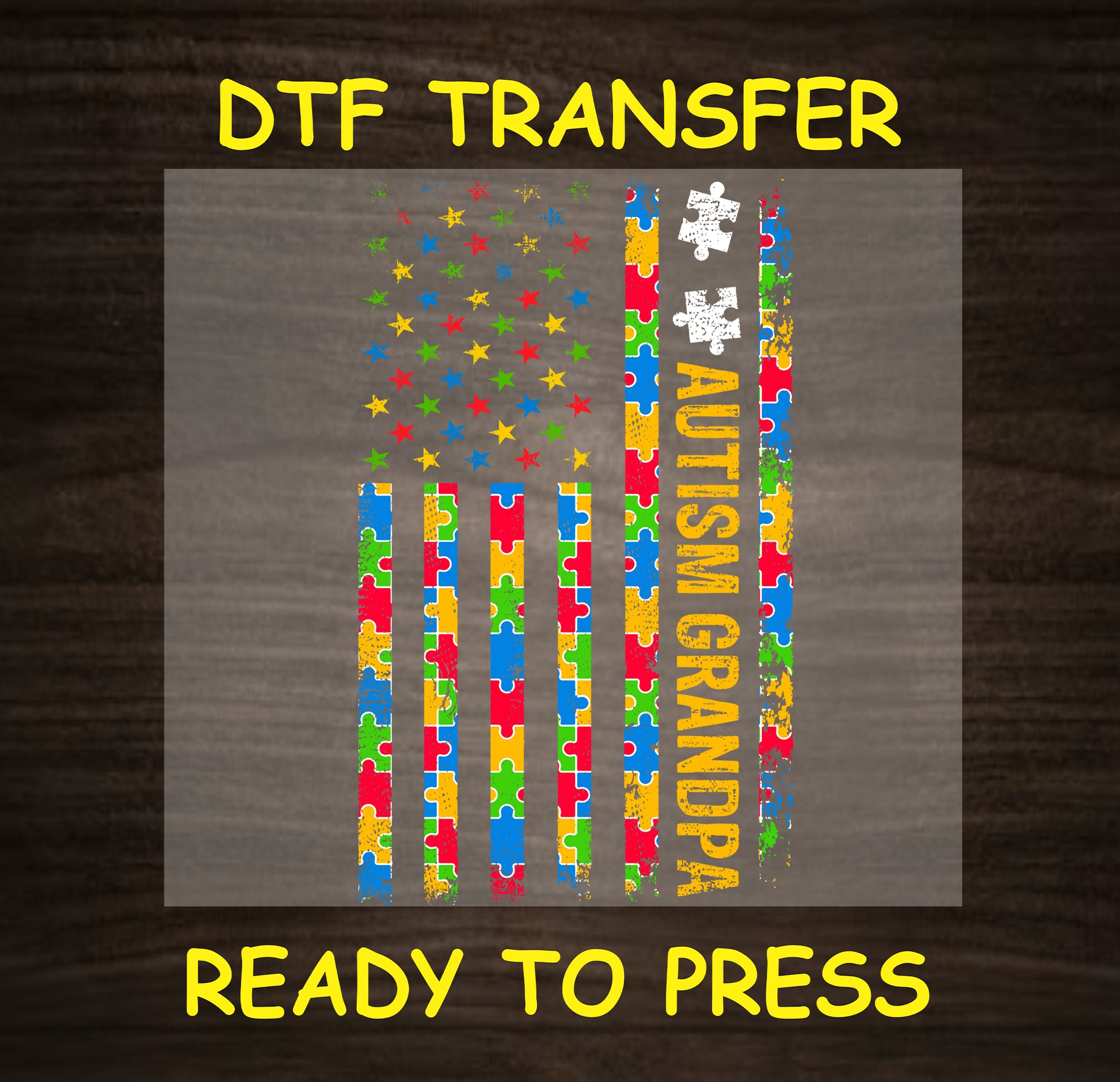 Colorful puzzle piece flag with the text "Autism Grandpa" in bold letters, DTF transfer.