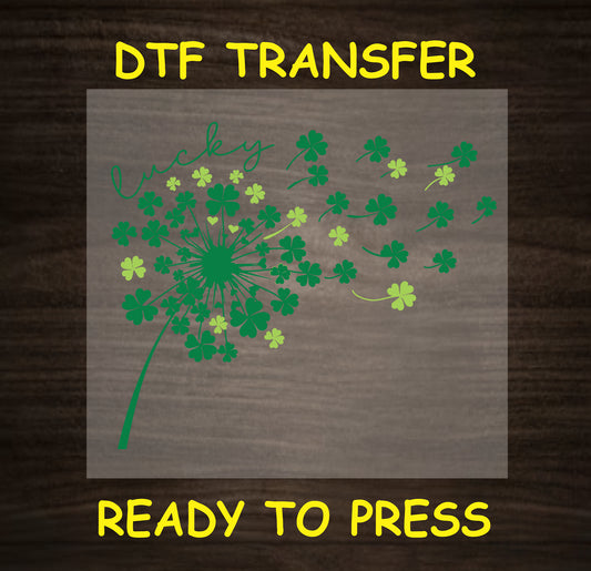 "Lucky" with shamrock dandelion design, ready to press St. Patrick's Day DTF transfer.