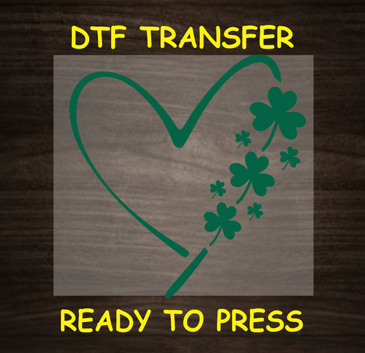 Lucky heart with shamrocks DTF transfer, ready to press for St. Patrick’s Day.