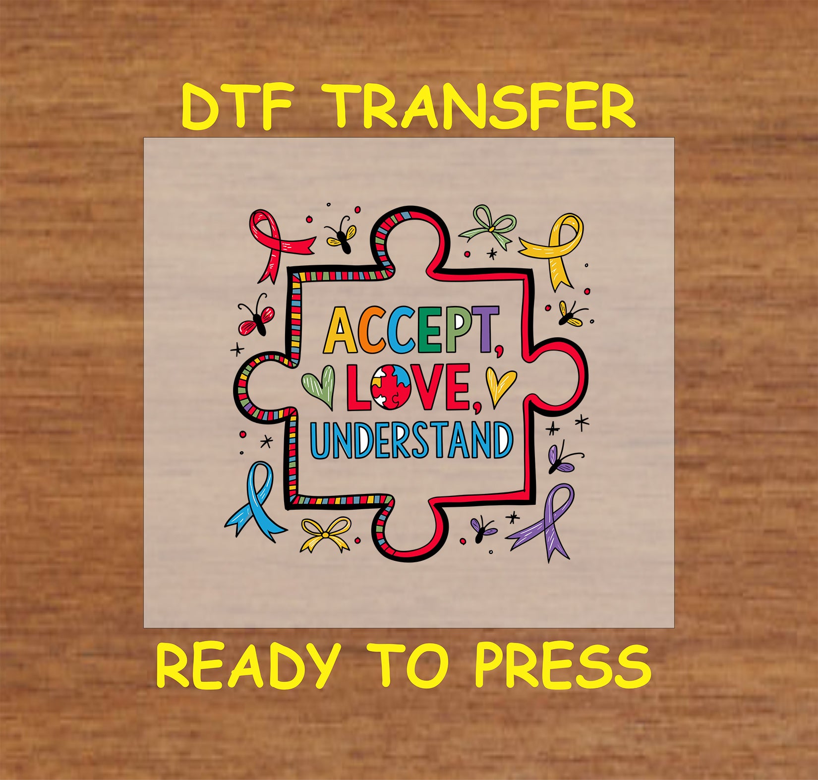 Puzzle piece with “Accept Love Understand” text surrounded by awareness ribbons and butterflies