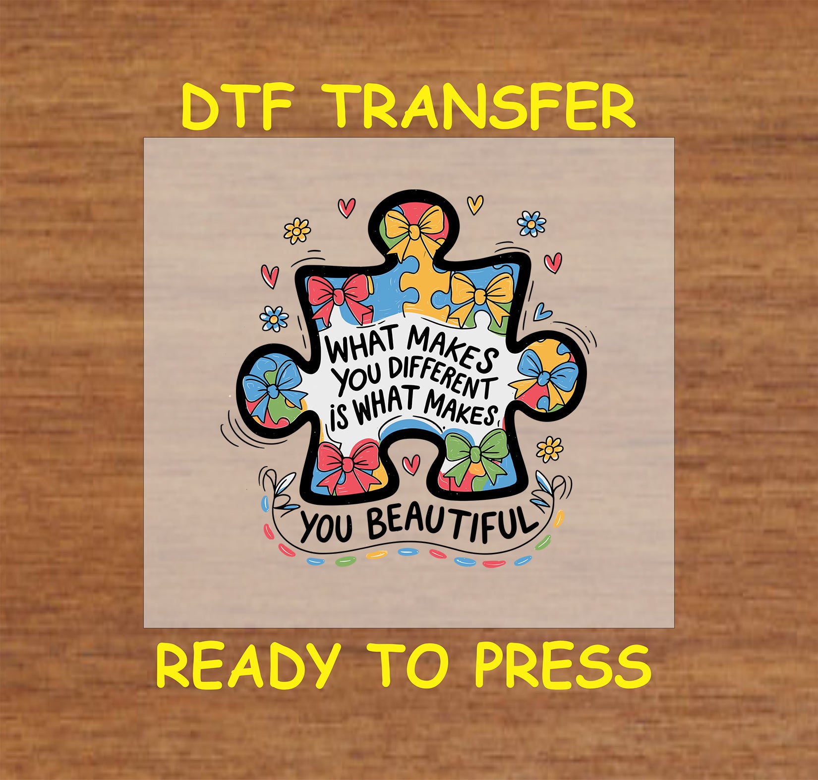 Puzzle piece with colorful bows and the quote “What Makes You Different Is What Makes You Beautiful”