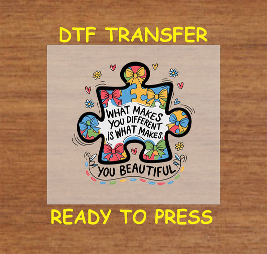 Puzzle piece with colorful bows and the quote “What Makes You Different Is What Makes You Beautiful”