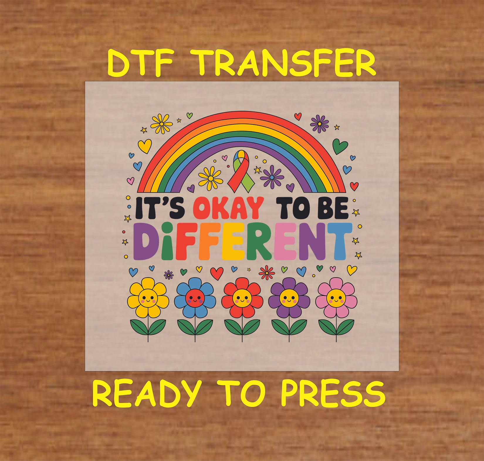 Rainbow with colorful text “It’s Okay to Be Different” surrounded by smiling flowers and hearts