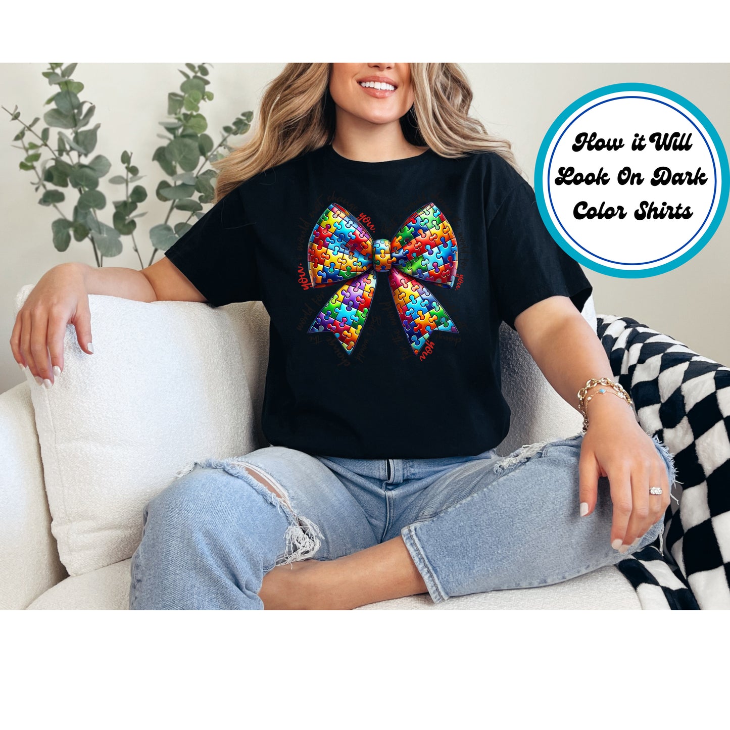 Autism Awareness DTF Transfer Iron On Heat Transfer - Ready to Press, Autism Puzzle Bow DTF Transfer 5908