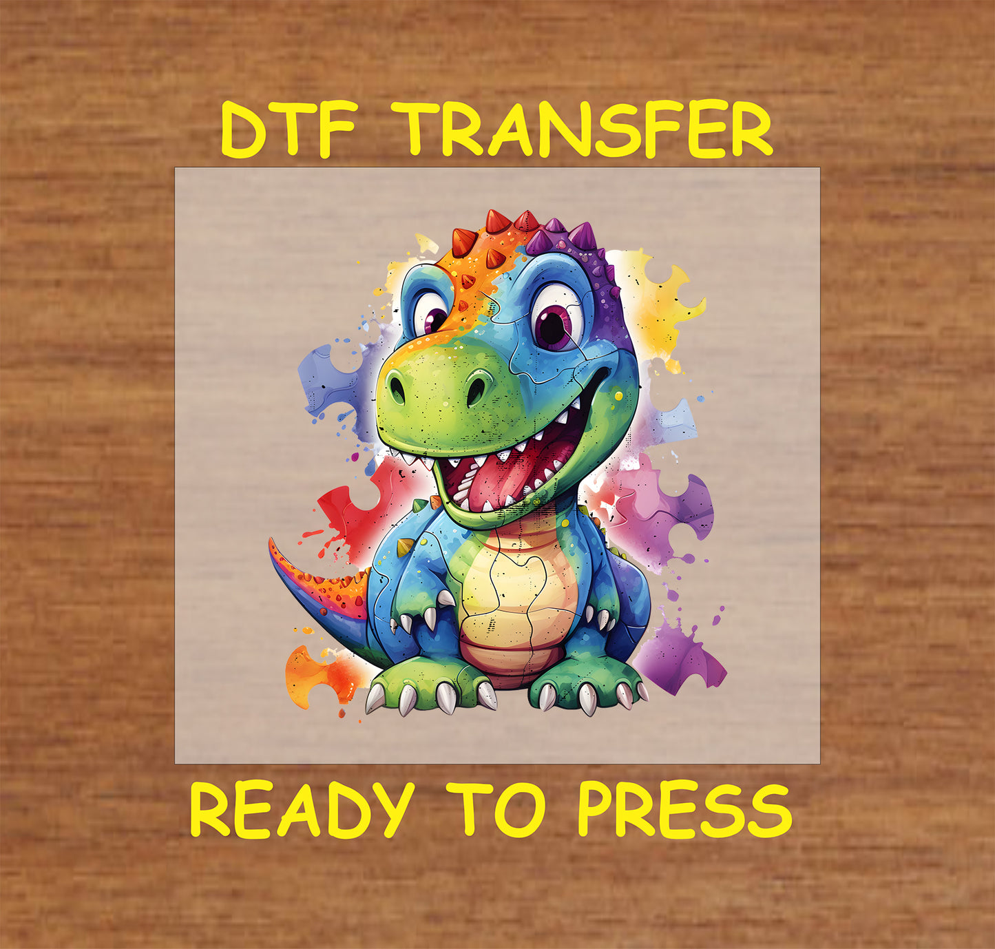 Smiling colorful cartoon dinosaur with rainbow puzzle pieces around it on a neutral background.