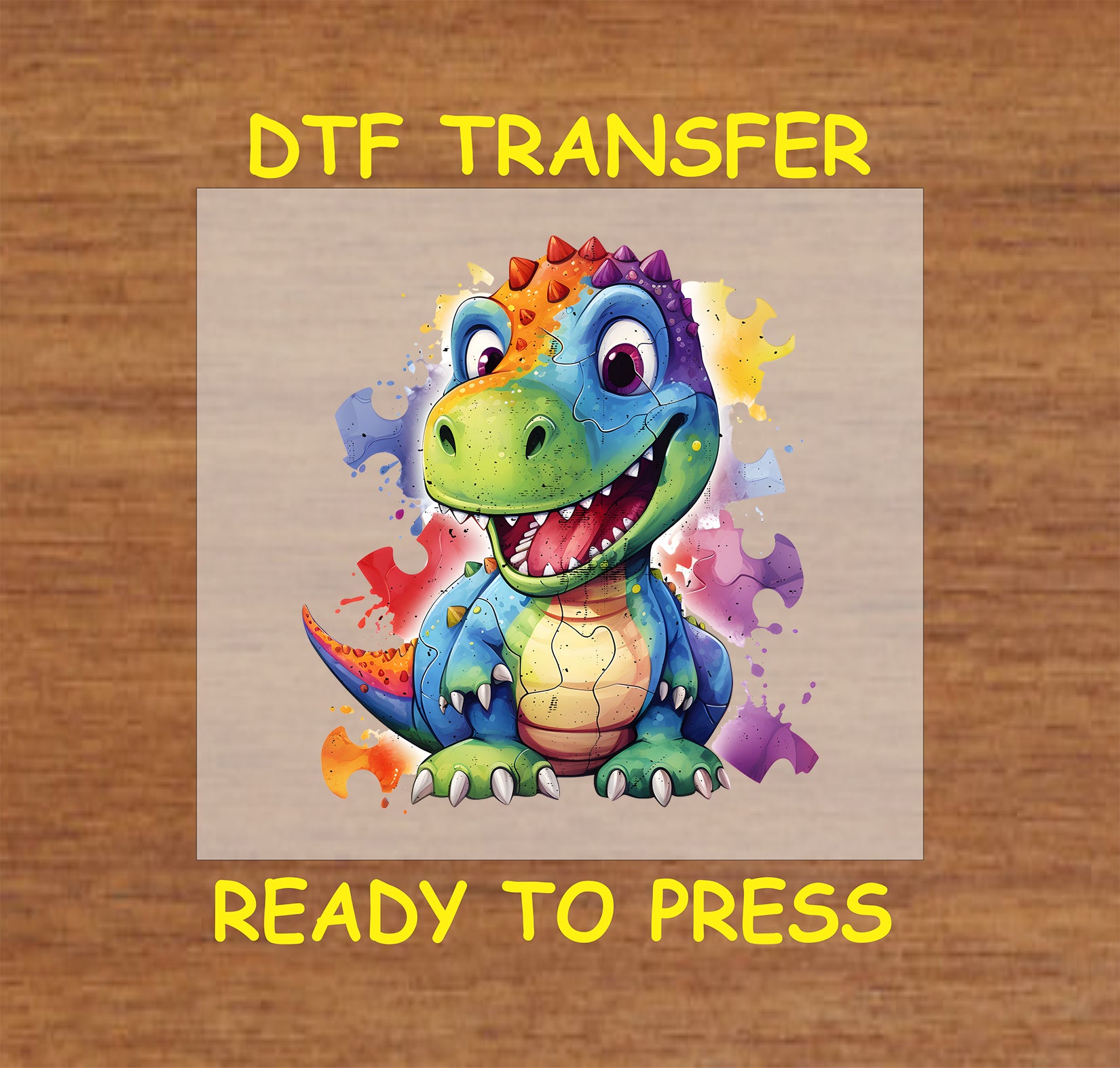 Smiling colorful cartoon dinosaur with rainbow puzzle pieces around it on a neutral background.