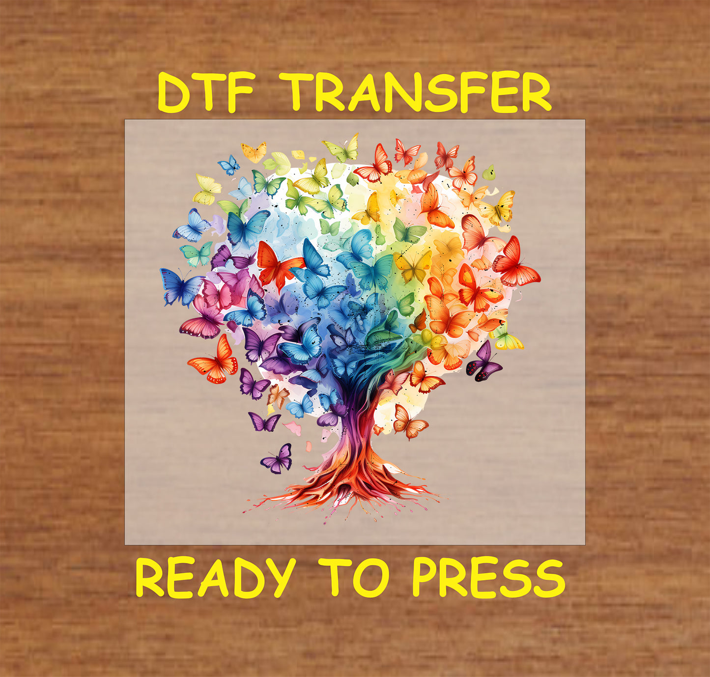 Colorful tree made of rainbow butterflies with swirling branches on a neutral background.