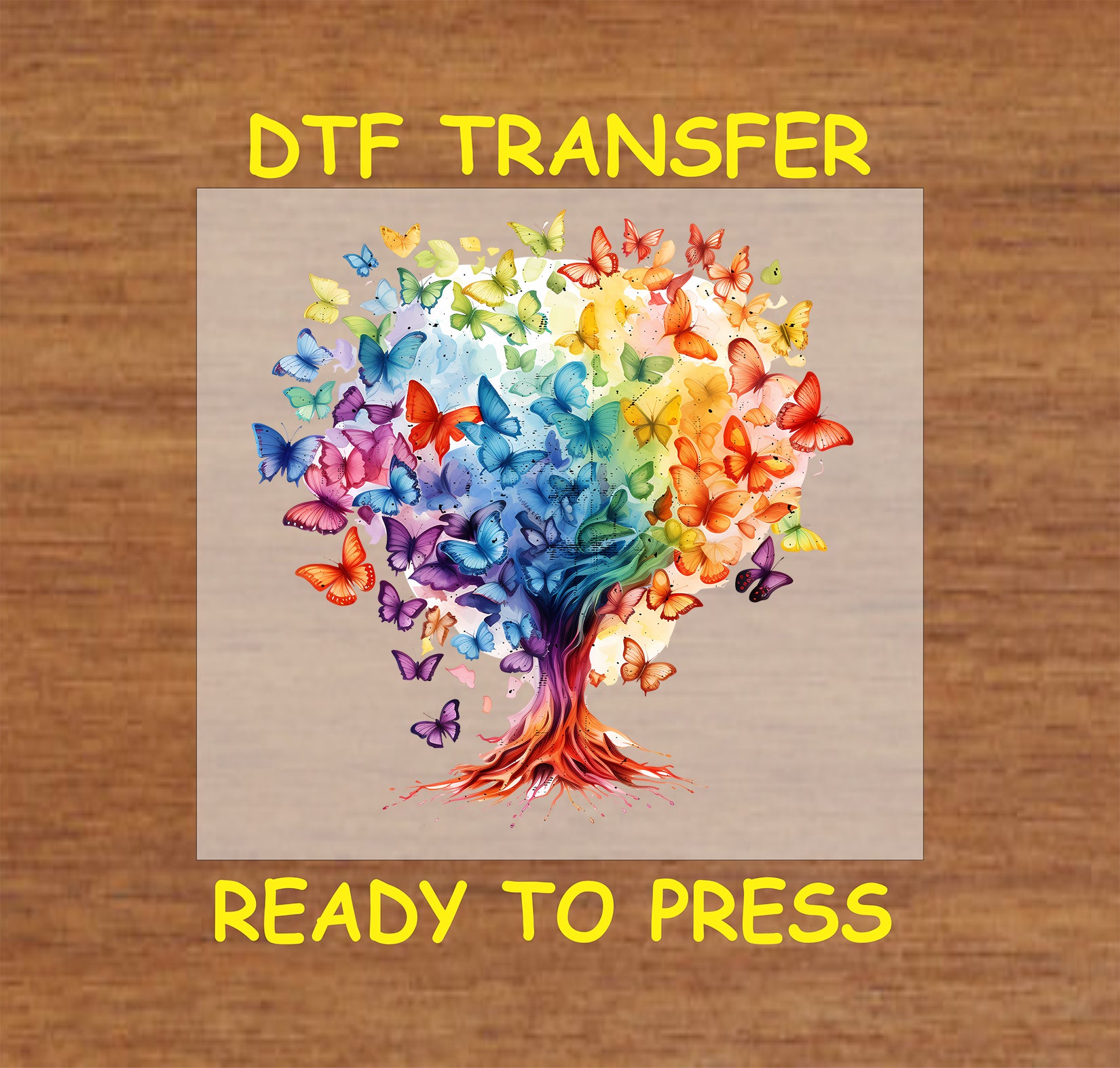 Colorful tree made of rainbow butterflies with swirling branches on a neutral background.