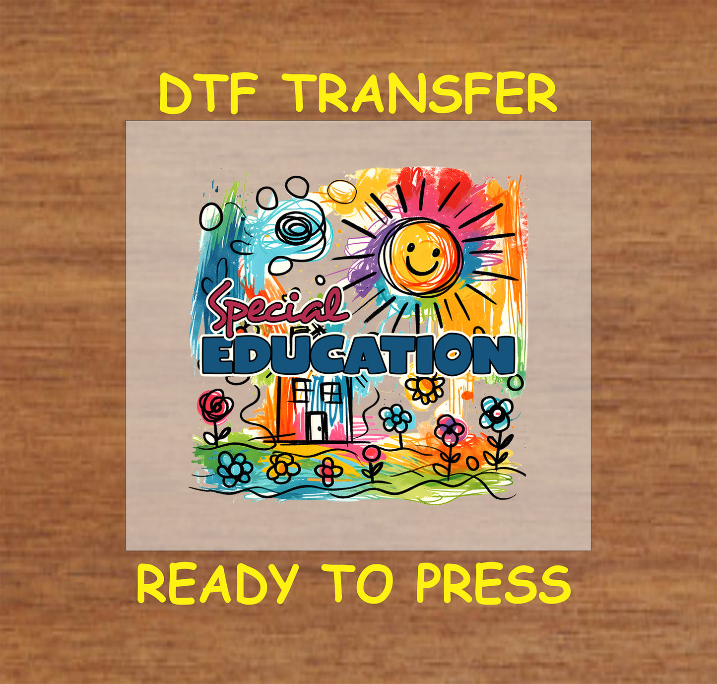 Colorful crayon-style artwork with sun, house, flowers, and the words “Special Education” in bold letters.