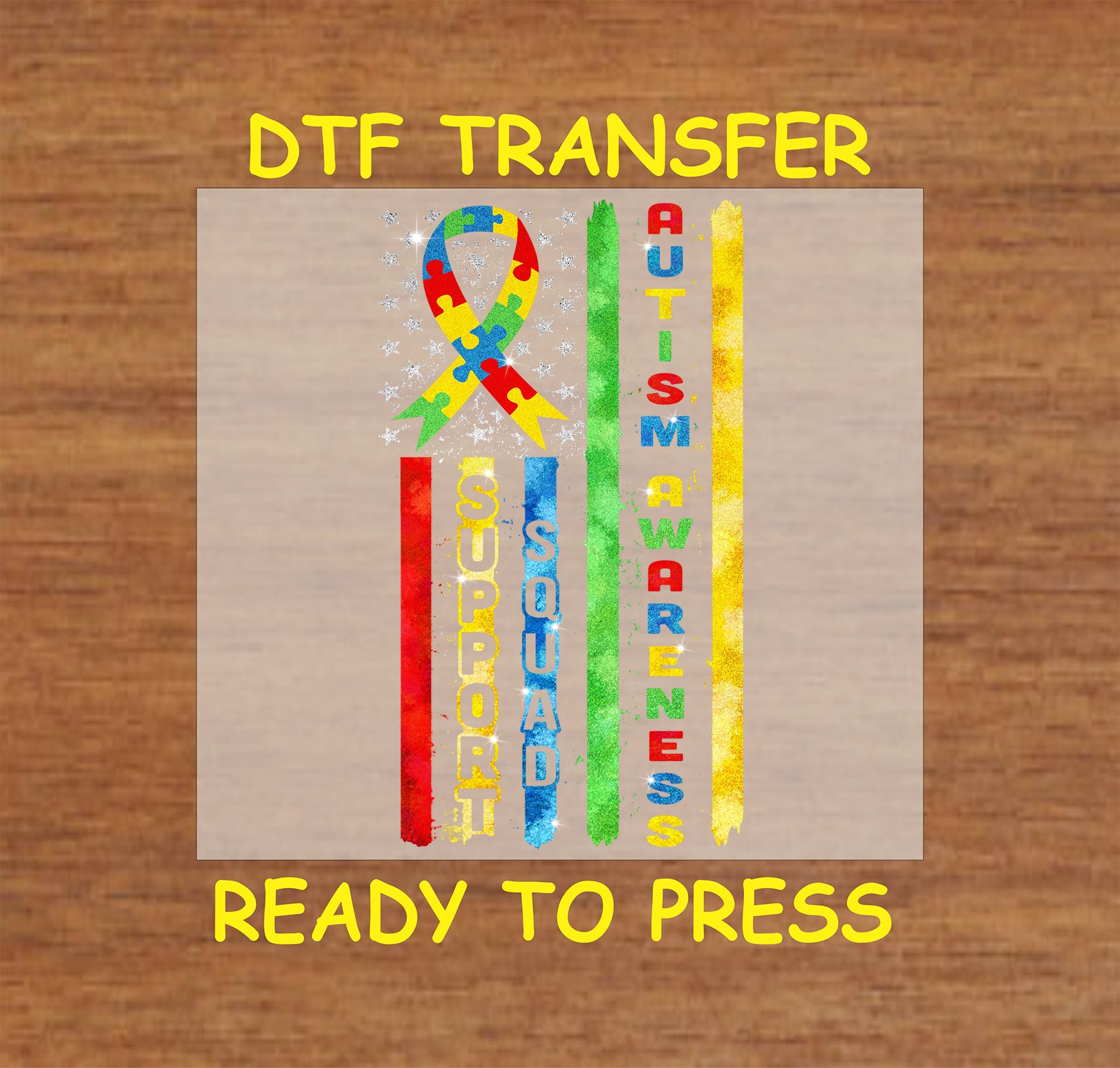 Support Squad Autism Awareness design with rainbow vertical stripes and puzzle ribbon on a light shirt.