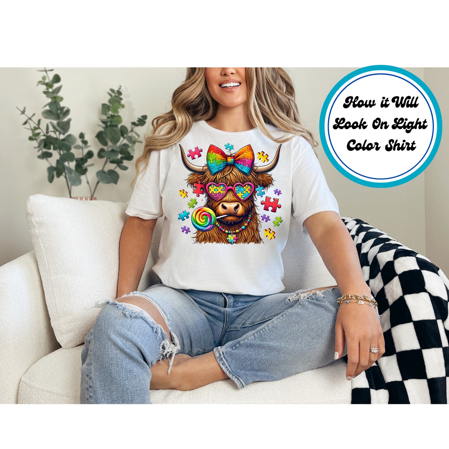 Autism Awareness DTF Transfer Iron On Heat Transfer - Ready to Press, Autism Highland Cow DTF Transfer 5914