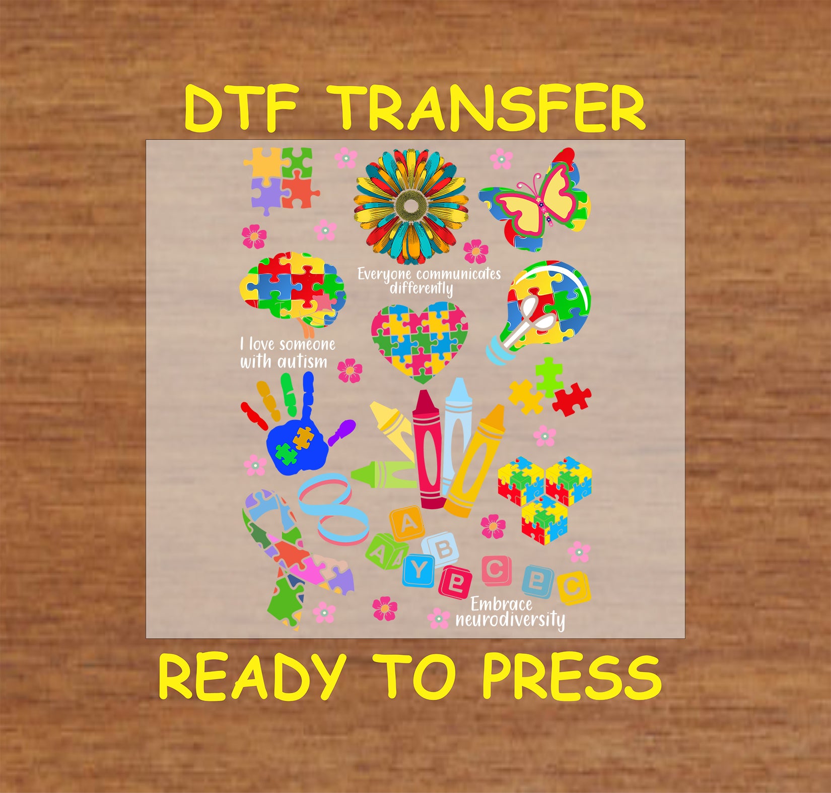 Colorful autism icons including puzzle hearts, crayons, handprint, butterfly, quotes, and blocks.