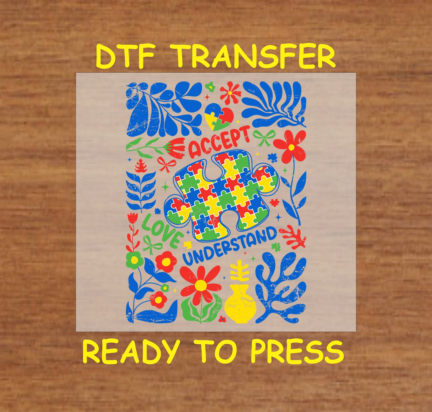 Puzzle piece with “Accept Love Understand” surrounded by red, blue, and yellow floral elements.