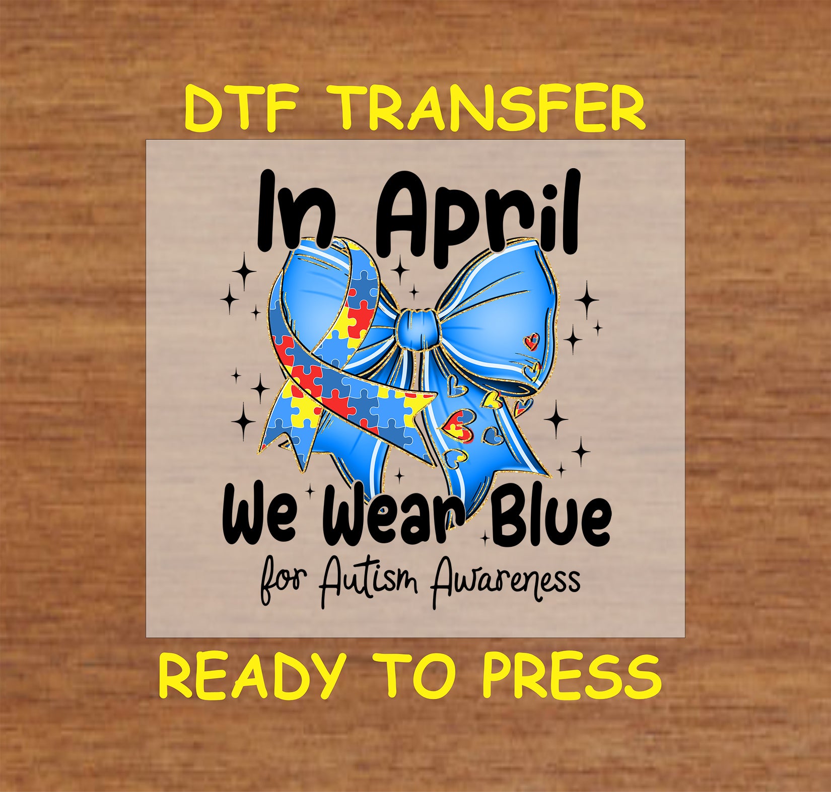 Blue bow with puzzle pattern and “In April We Wear Blue for Autism Awareness” text.