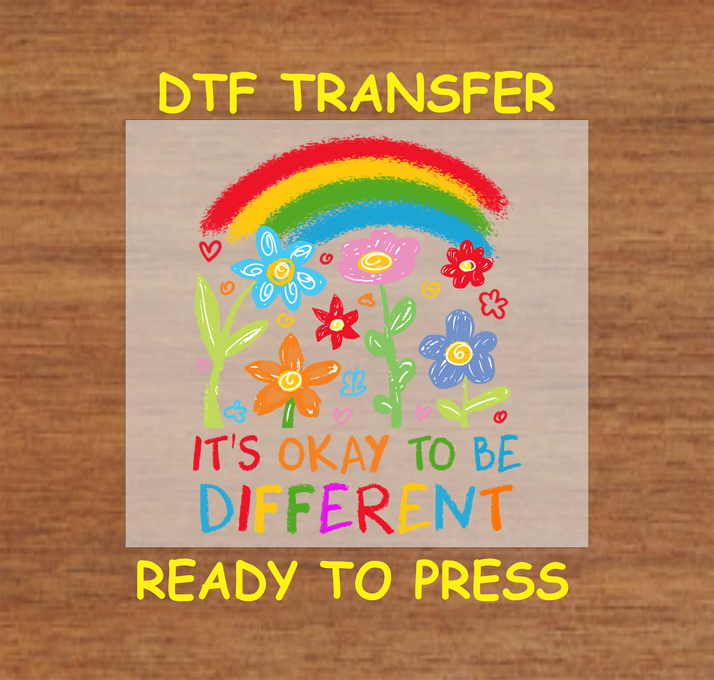 Rainbow and colorful flowers with text “It’s Okay to Be Different” in crayon style.
