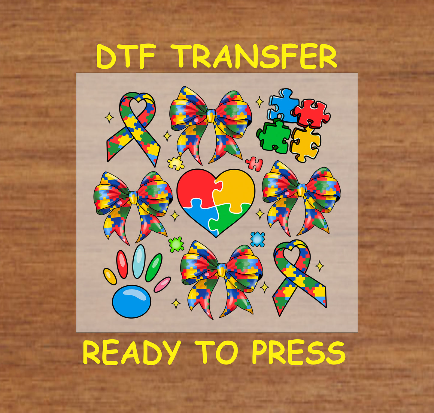Puzzle piece DTF transfer sheet with ribbons, bows, heart, paw, and puzzle icons.