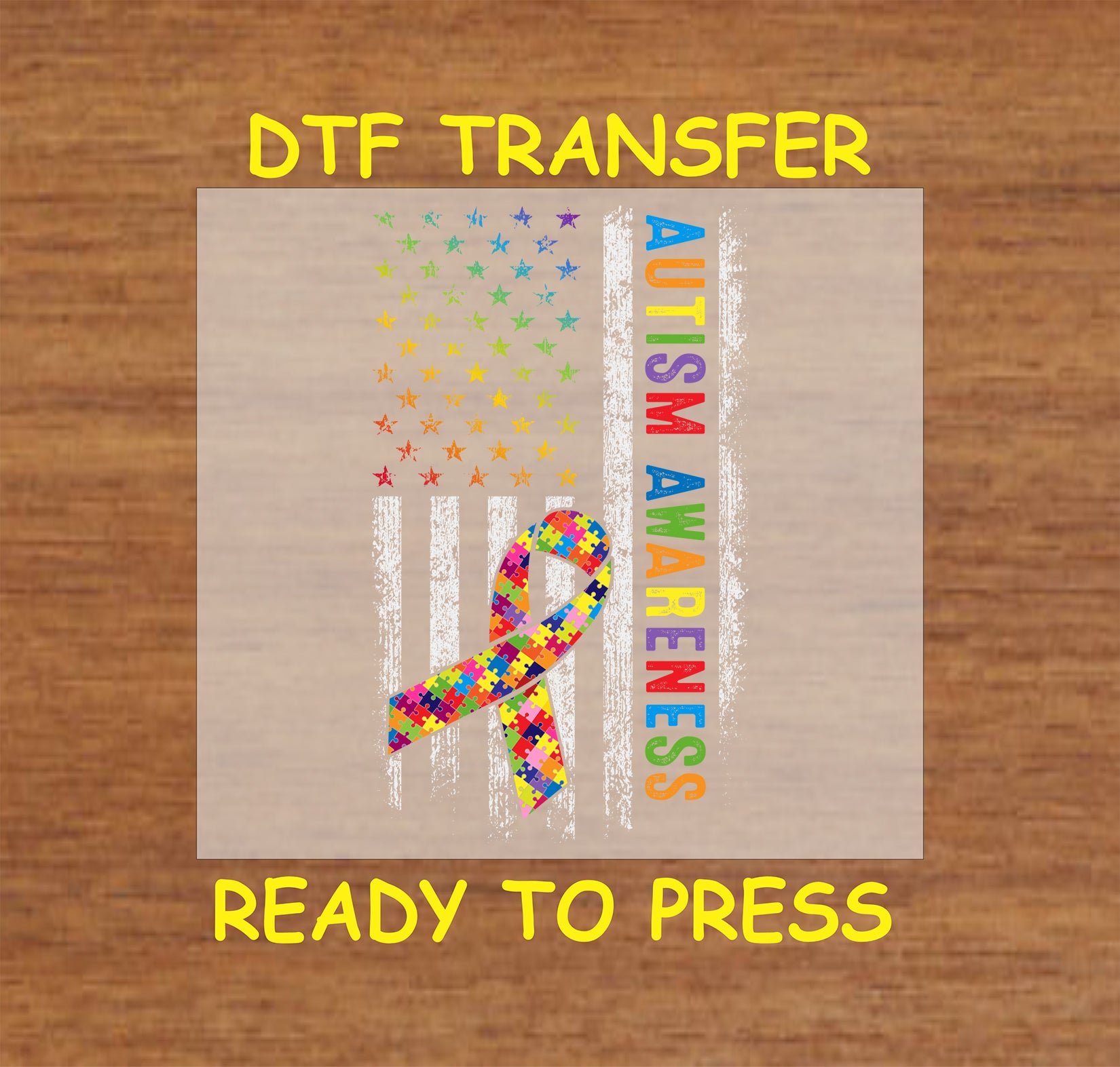 Autism Awareness flag DTF transfer with colorful stars and puzzle ribbon