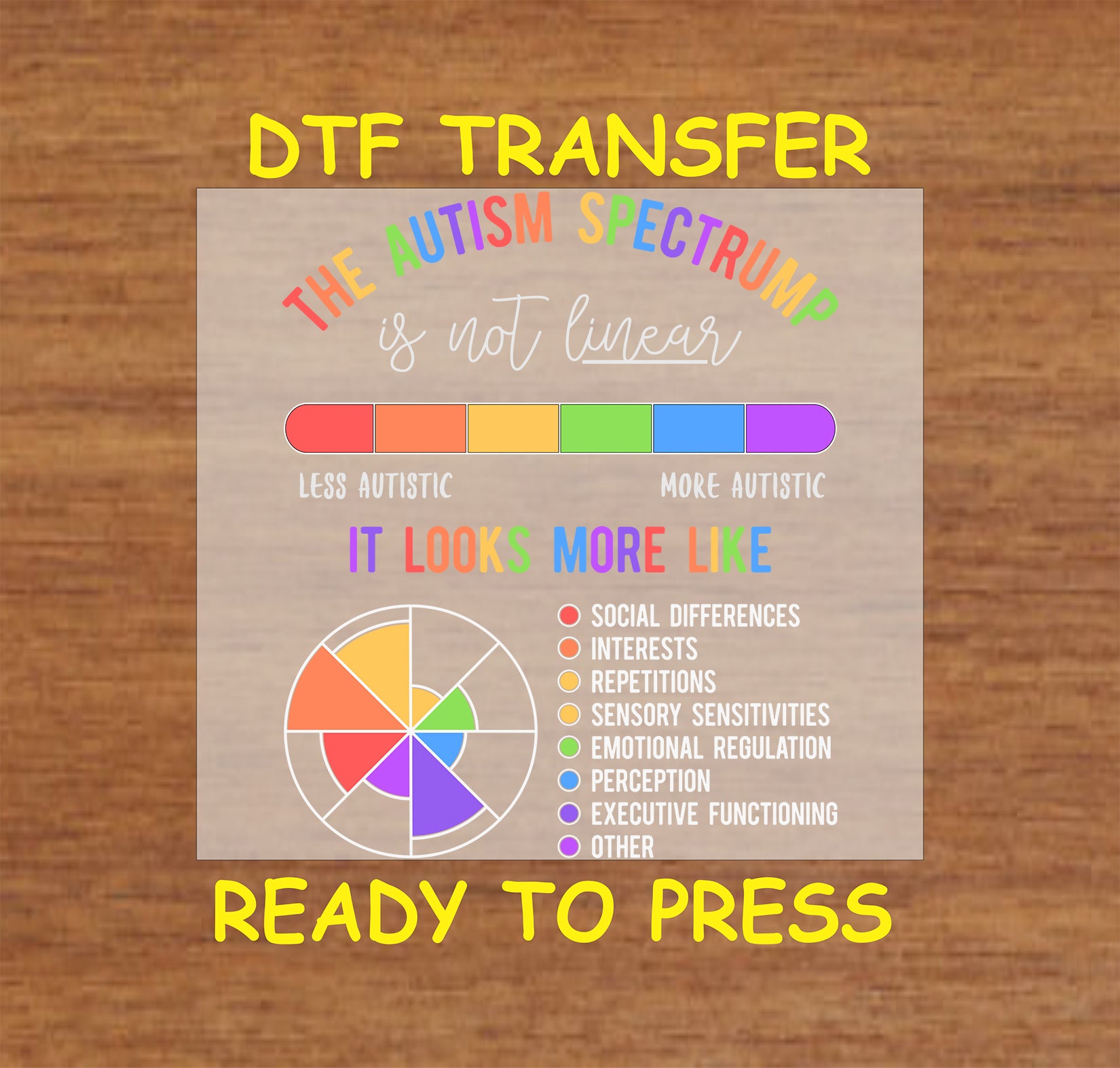 DTF transfer with autism spectrum color chart and traits explanation