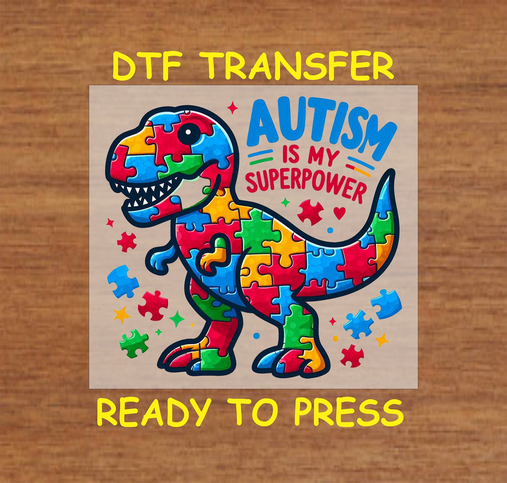 Colorful puzzle dinosaur with “Autism Is My Superpower” text.