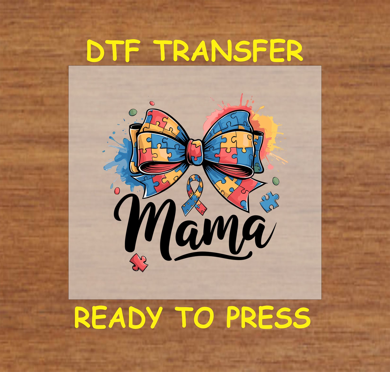 Autism puzzle bow with word Mama and colorful splashes.