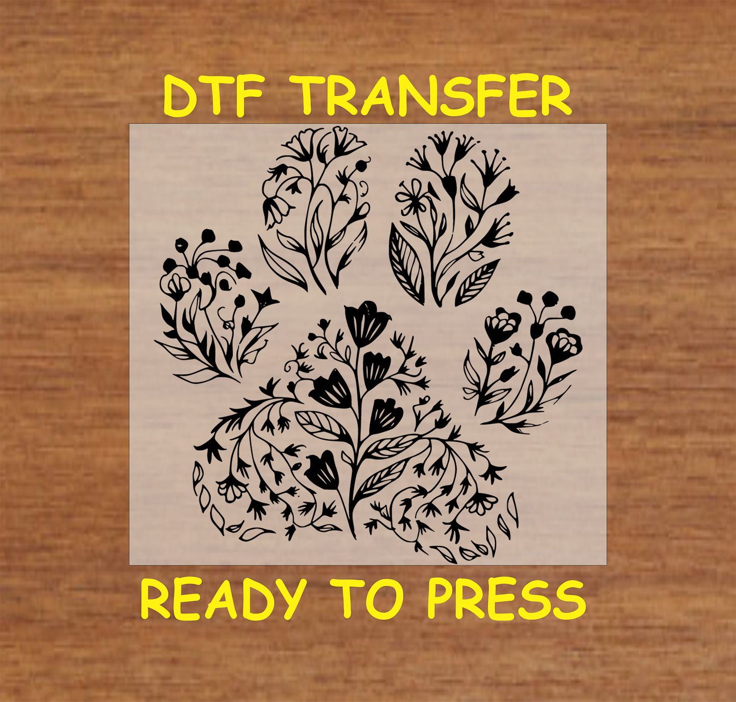 Black floral paw print DTF transfer with intricate flower and leaf outlines.