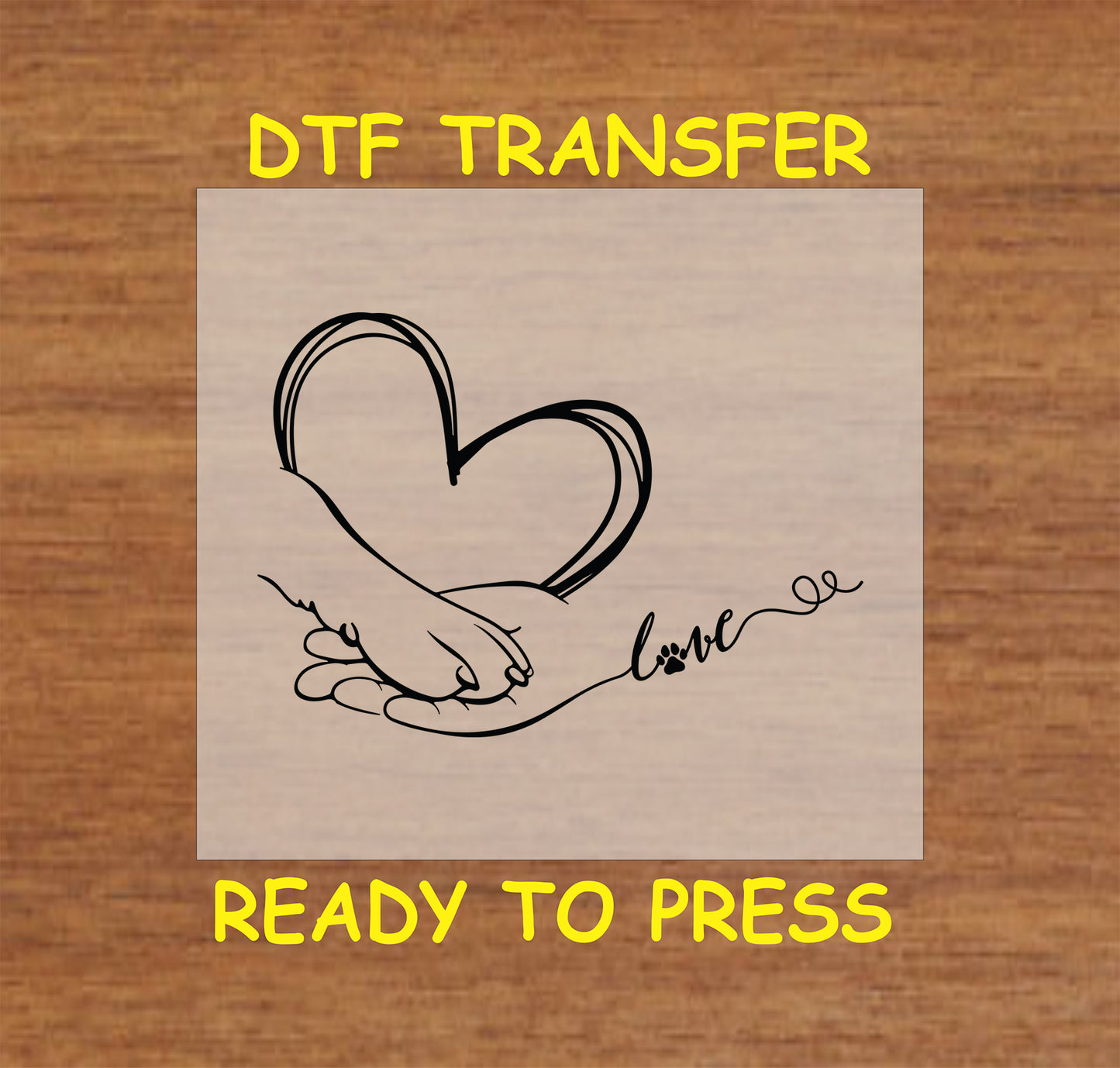Black line art of hand holding paw with heart and love text for DTF transfer.