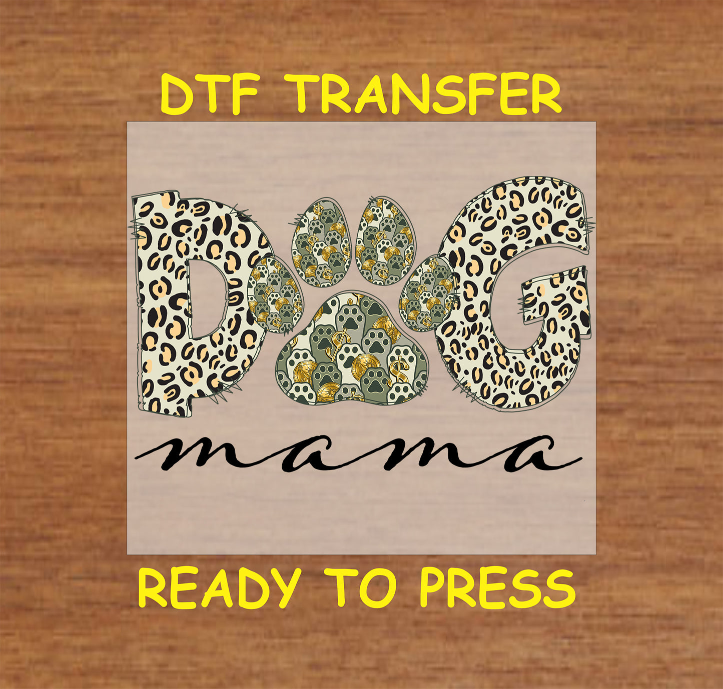 Leopard print DTF transfer with paw print and script word below DOG lettering.