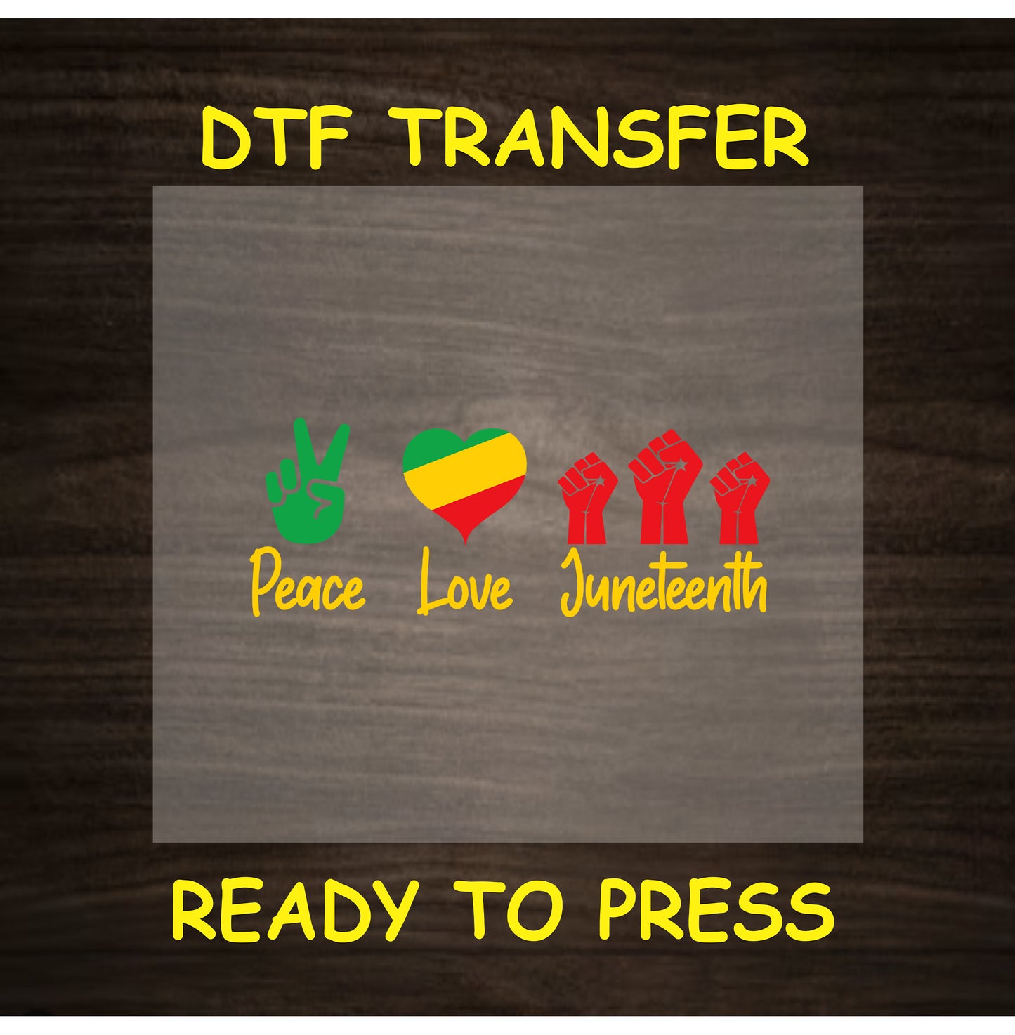 Peace sign, heart with Pan-African colors, and raised fists with text Peace Love Juneteenth.
