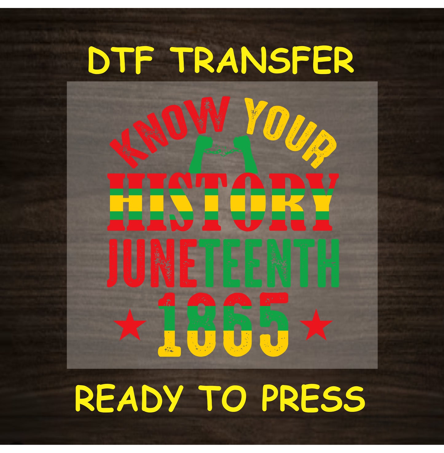 Juneteenth DTF transfer with Know Your History, 1865, and raised fist graphic.