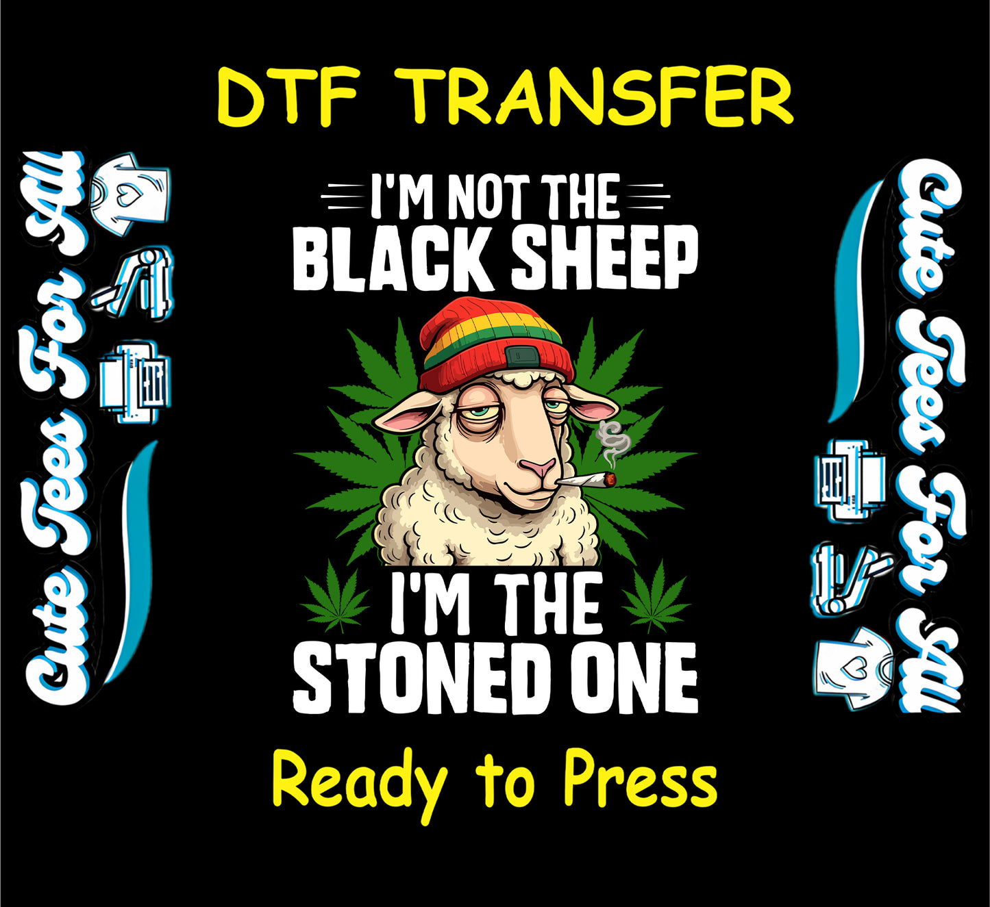 Funny stoned sheep with cannabis leaves and rasta beanie.