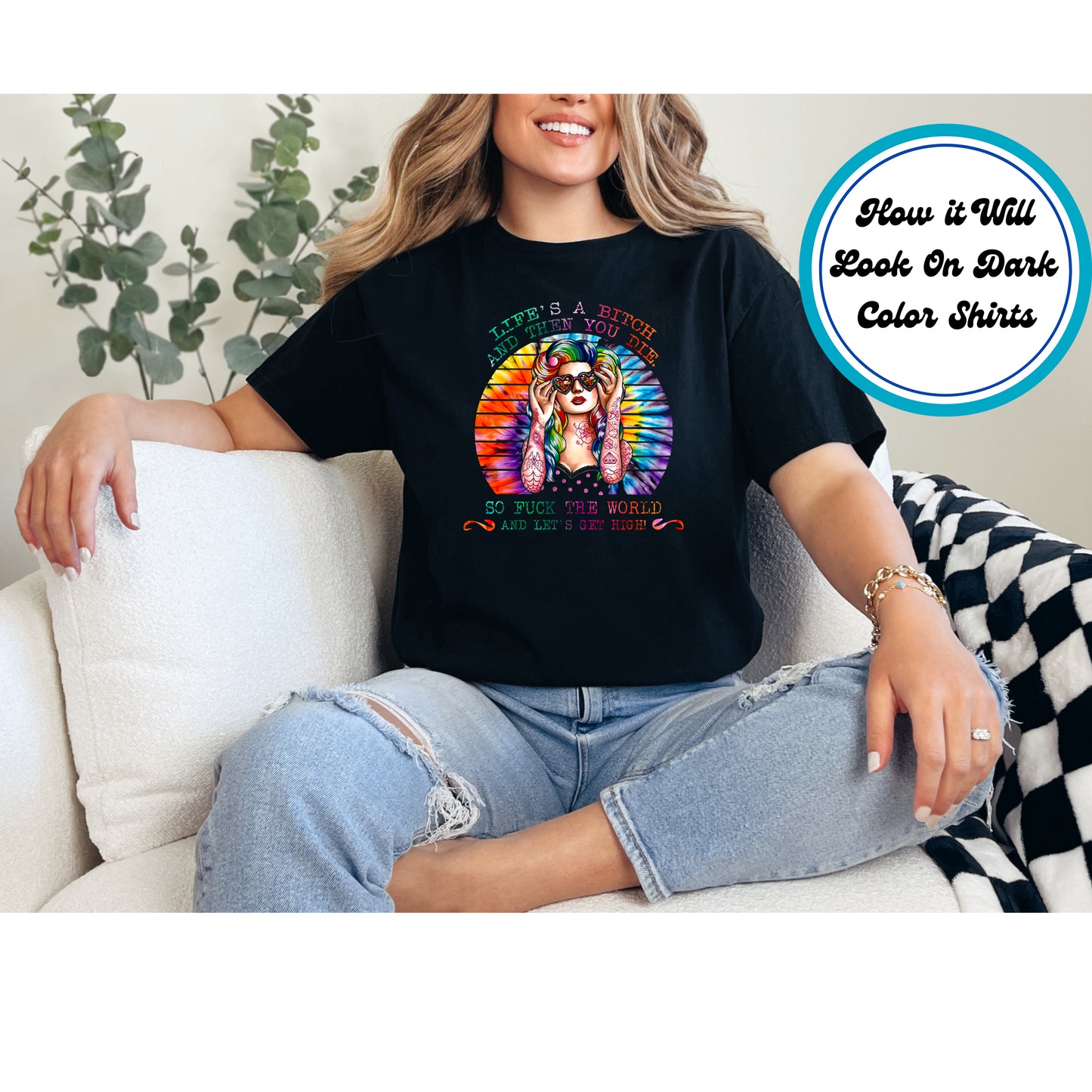 Cannabis DTF Transfer Iron On Heat Transfer - Ready to Press, Rainbow Stoner Girl DTF Transfer 6247