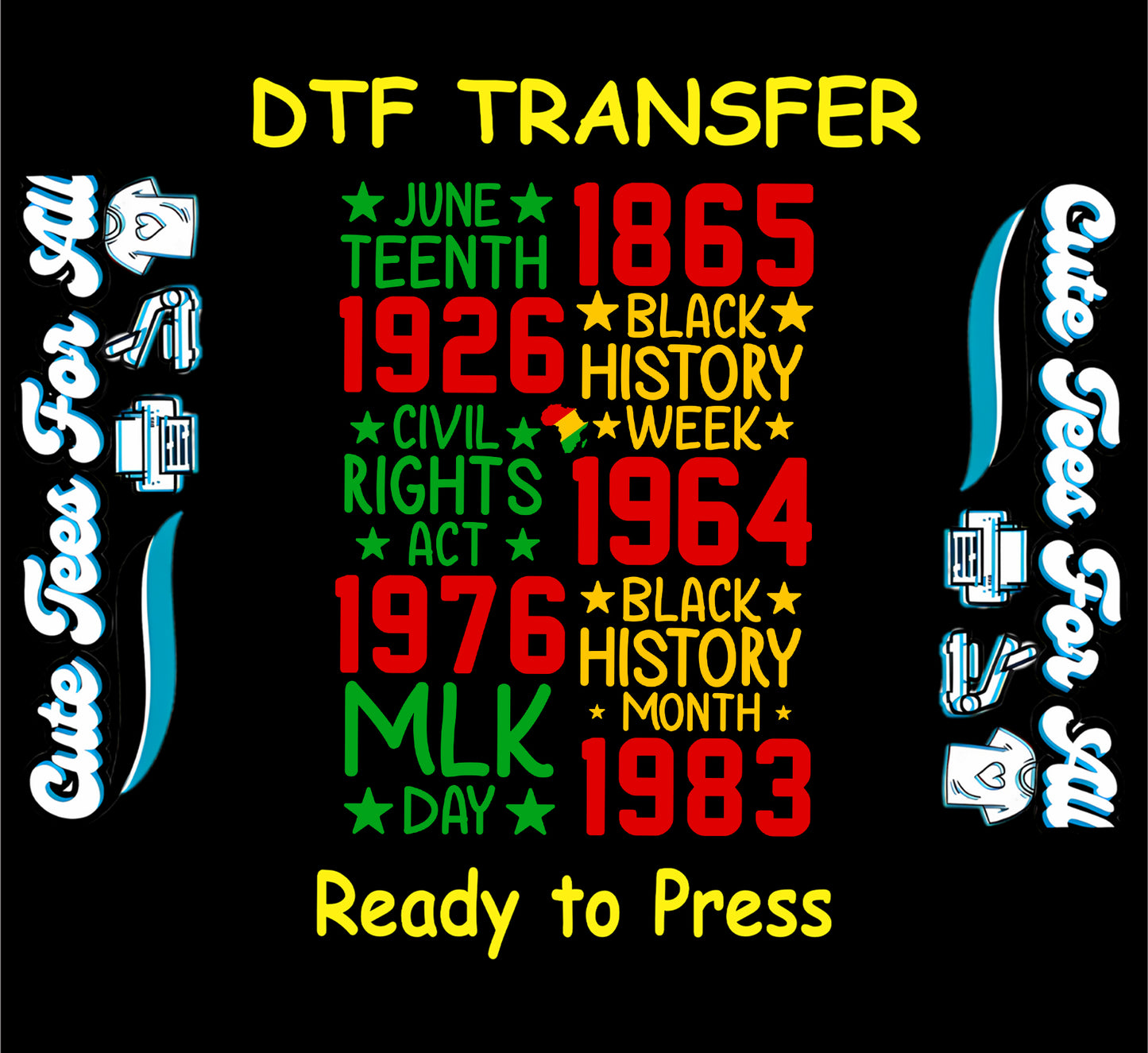 DTF transfer showing Black history timeline with key years and events in red, green, and yellow.