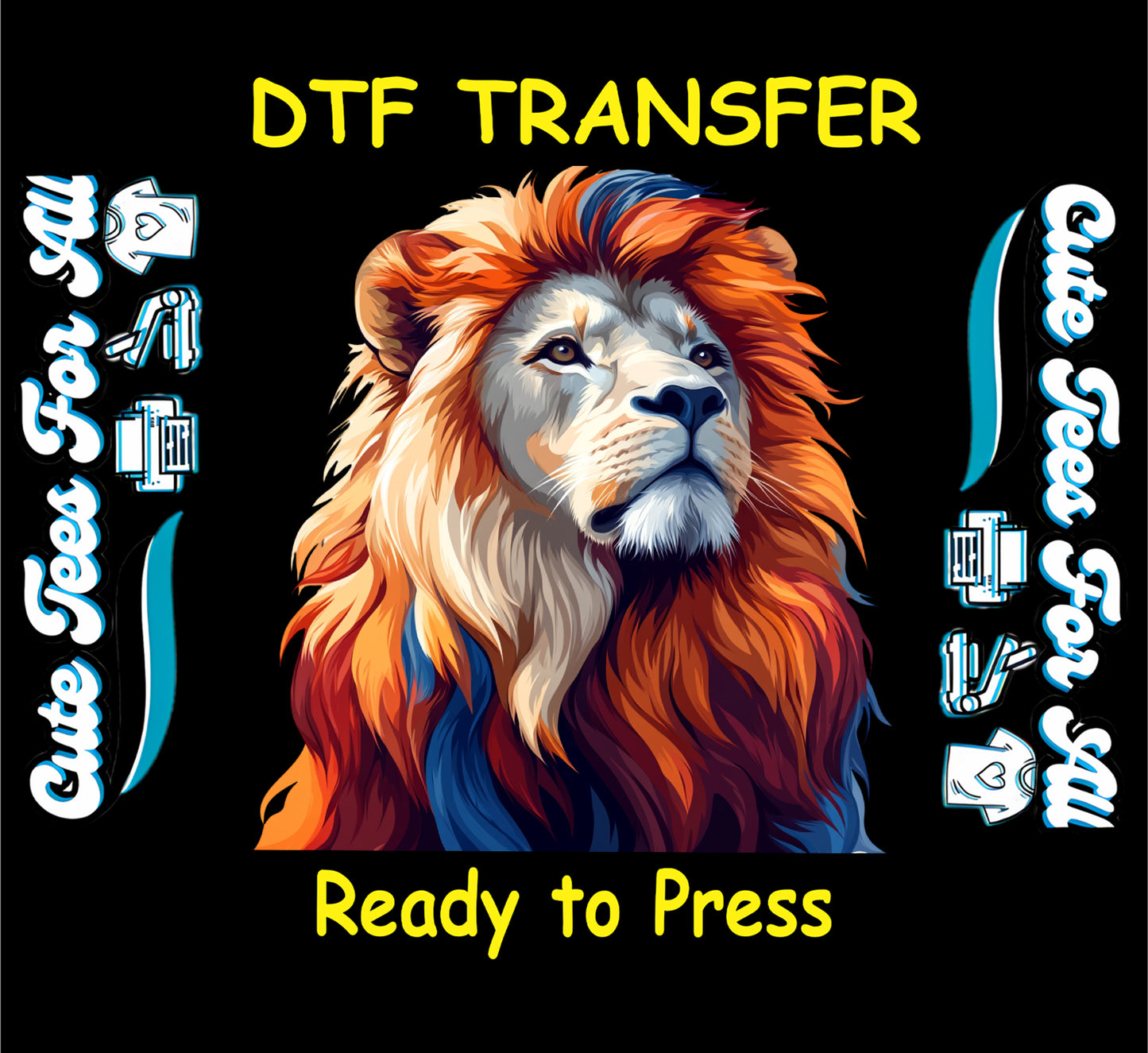 DTF transfer of a fierce lion with red, orange, and blue mane on black background.