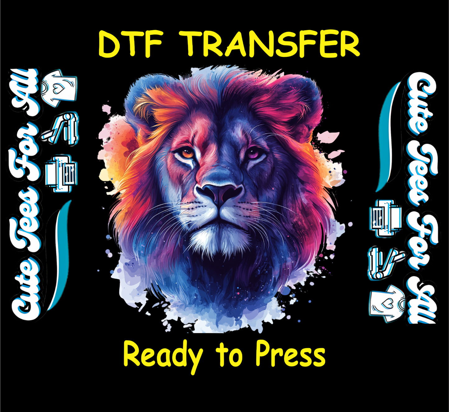 DTF transfer of lion head with electric purple, red, and blue tones and splash background.