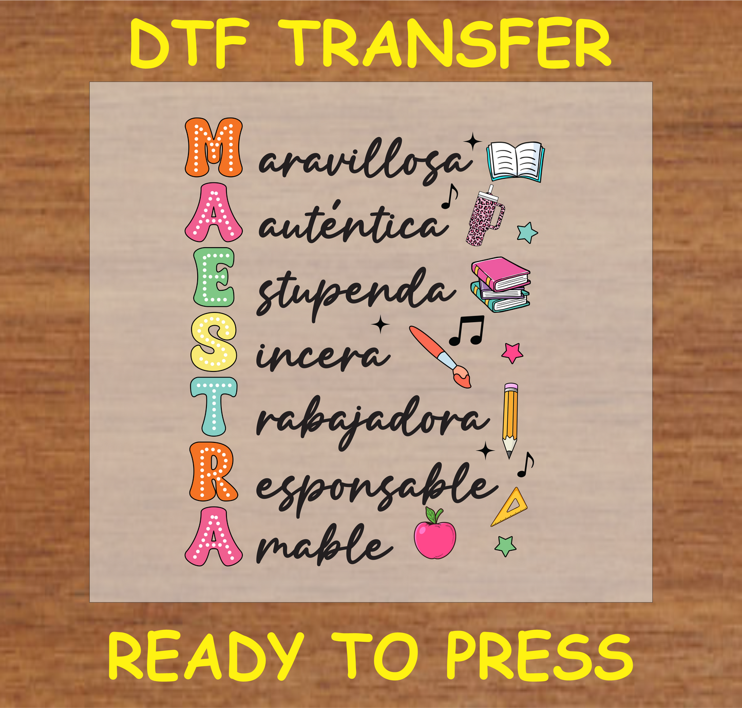 "Maestra DTF Transfer with colorful letters and inspirational words for teachers"