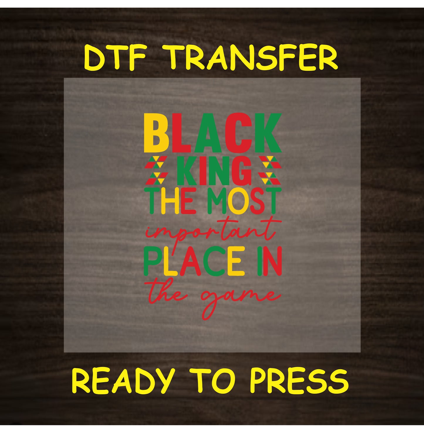 Black King DTF transfer with red, yellow, green text and tribal accents