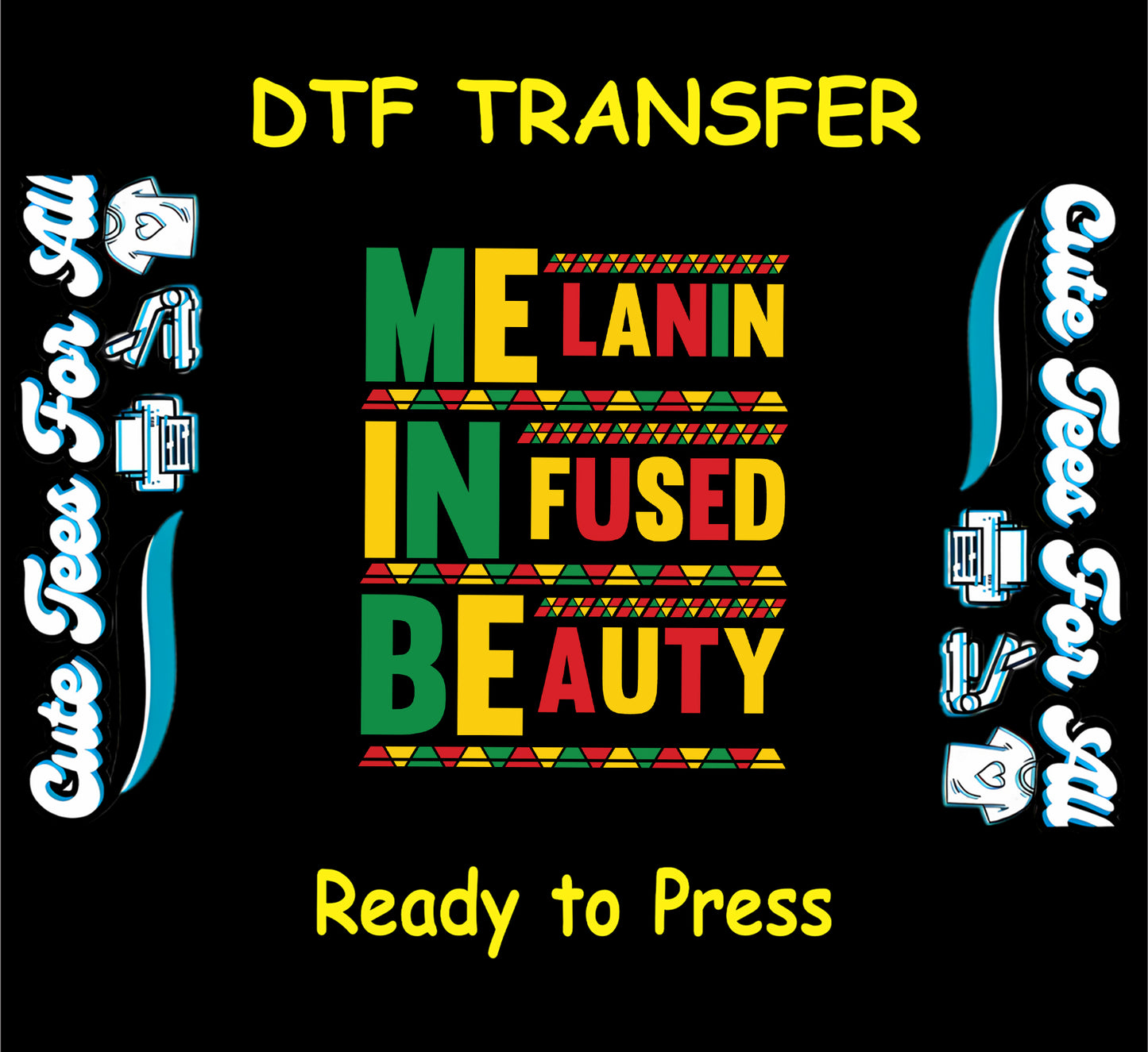 Melanin Infused Beauty text with red, yellow, green tribal accents on black background.