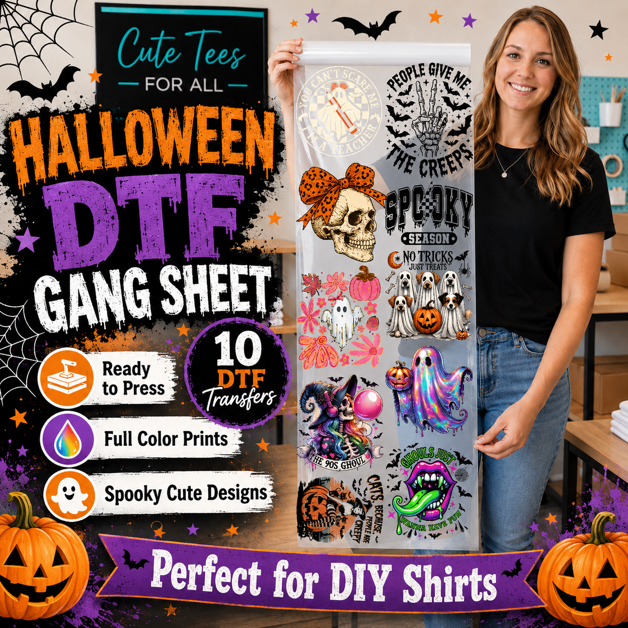 A woman holds up a large sheet of DTF transfer stickers featuring various spooky Halloween designs like skulls, ghosts, pumpkins, and a spider, with promotional text overlays for 'Halloween DTF Gang Sheet'.