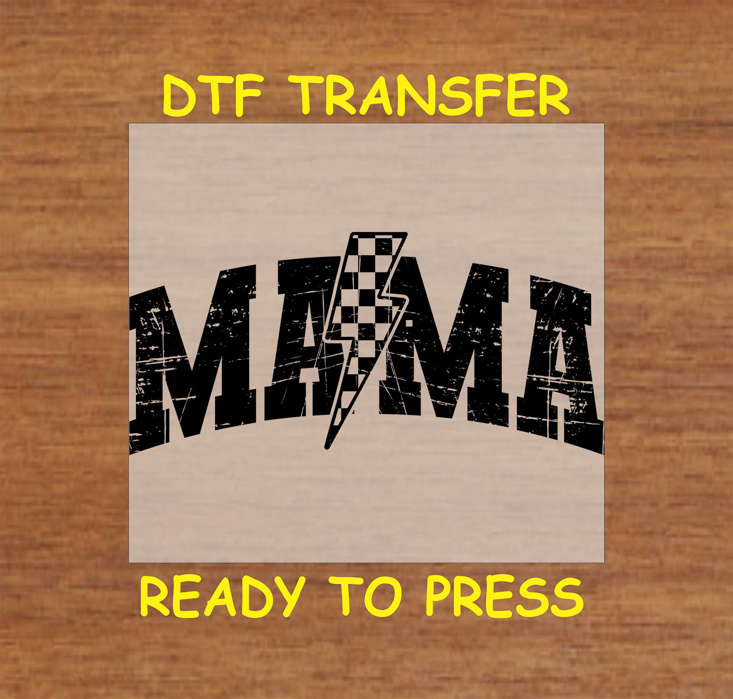 Distressed MAMA text with checkered lightning bolt in black DTF transfer