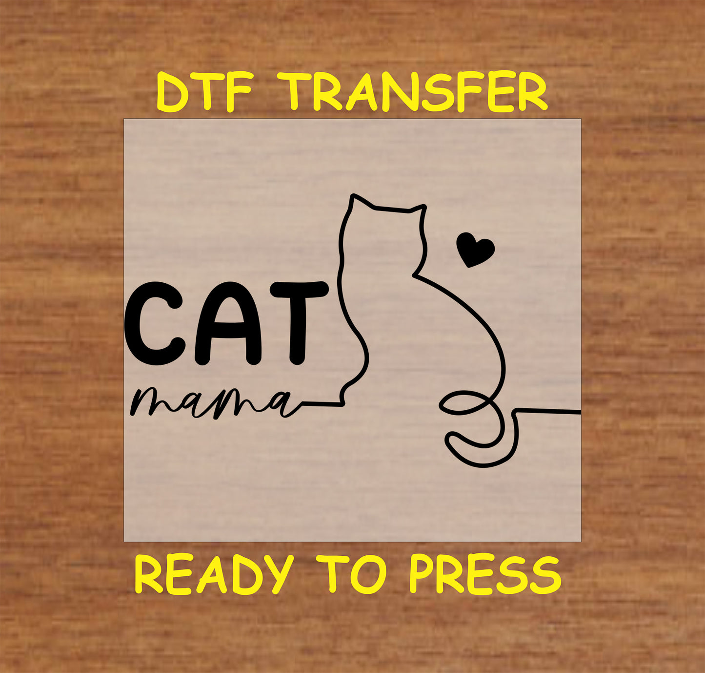 Minimalist Cat Mama DTF transfer with line art cat and heart