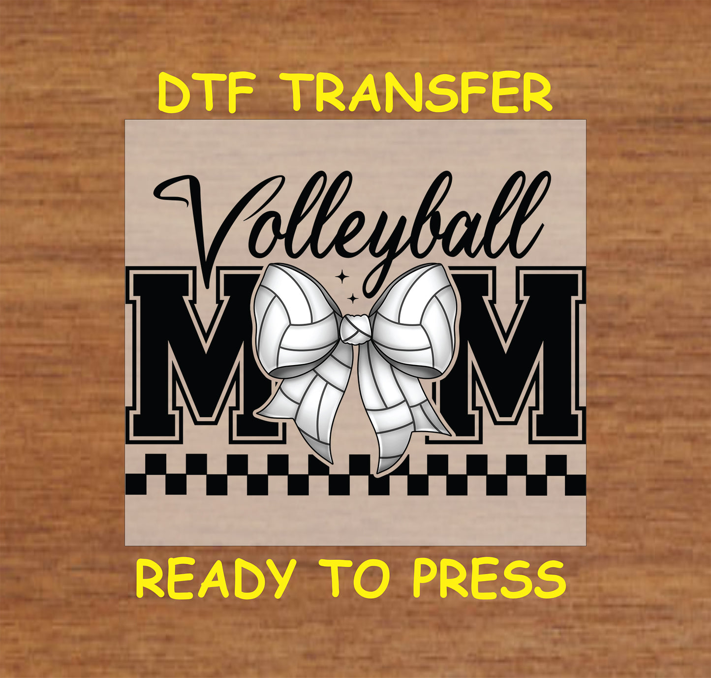 Volleyball Mom DTF transfer with bow and checkerboard pattern.