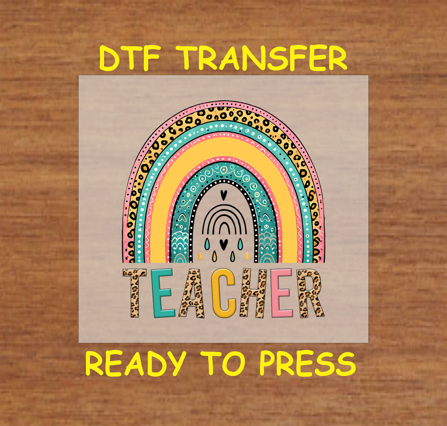 Rainbow with leopard print and the word TEACHER in colorful letters.