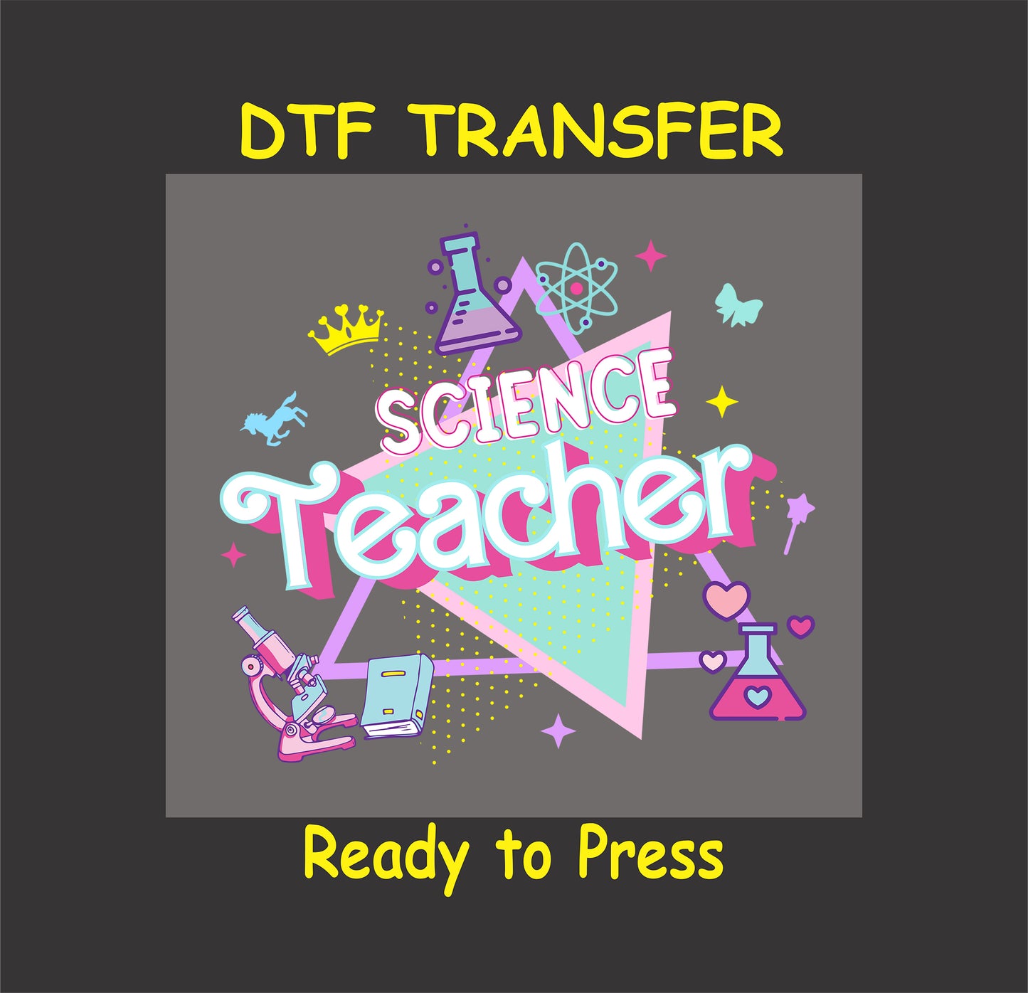 Colorful science teacher DTF transfer with lab elements and pastel text.