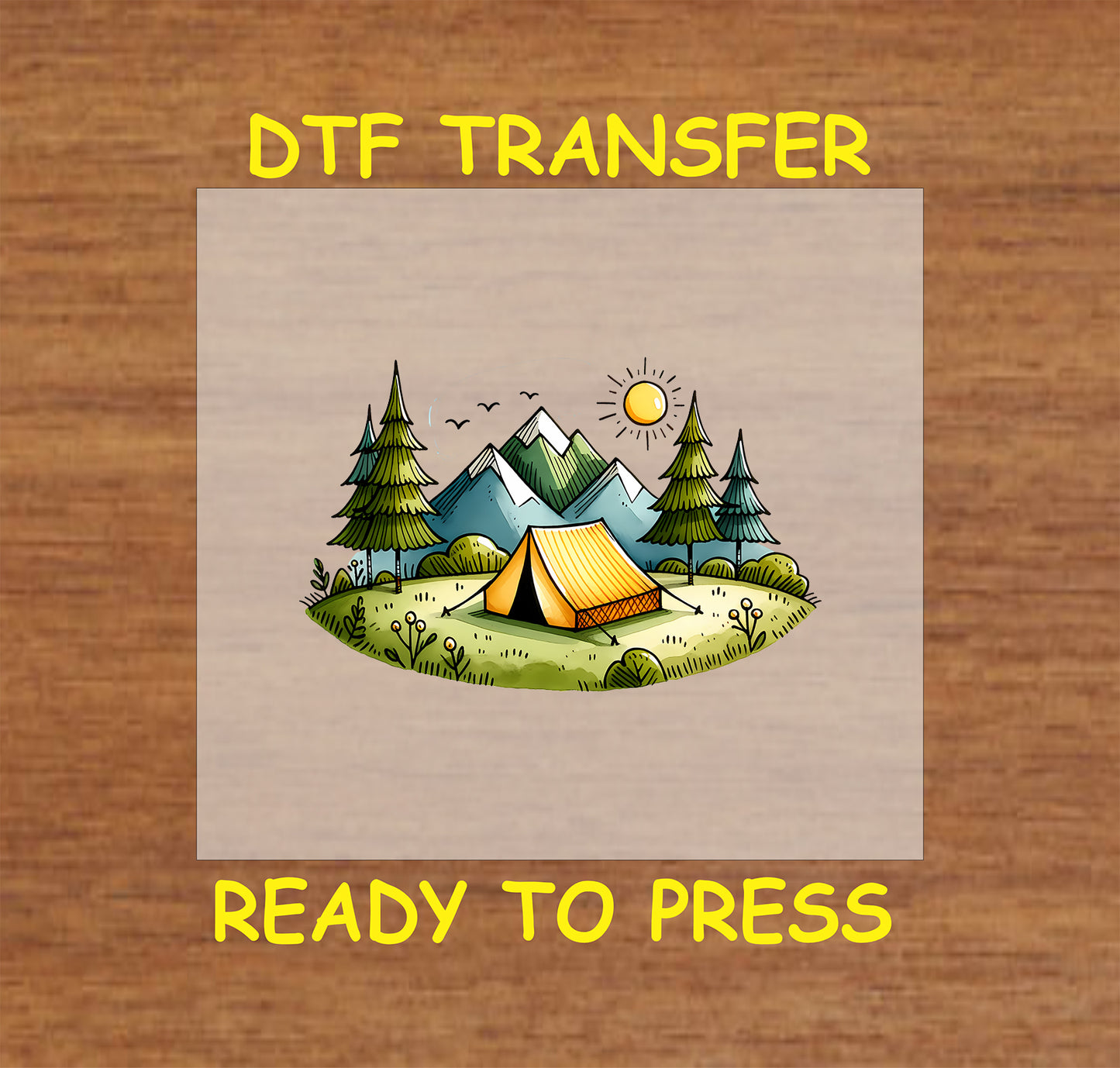 Tent camping DTF transfer with yellow tent, pine trees, mountains, and sunrise.