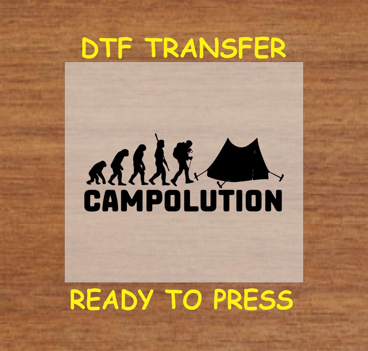 Campolution showing evolution from ape to camper setting up a tent, ready-to-press DTF transfer.