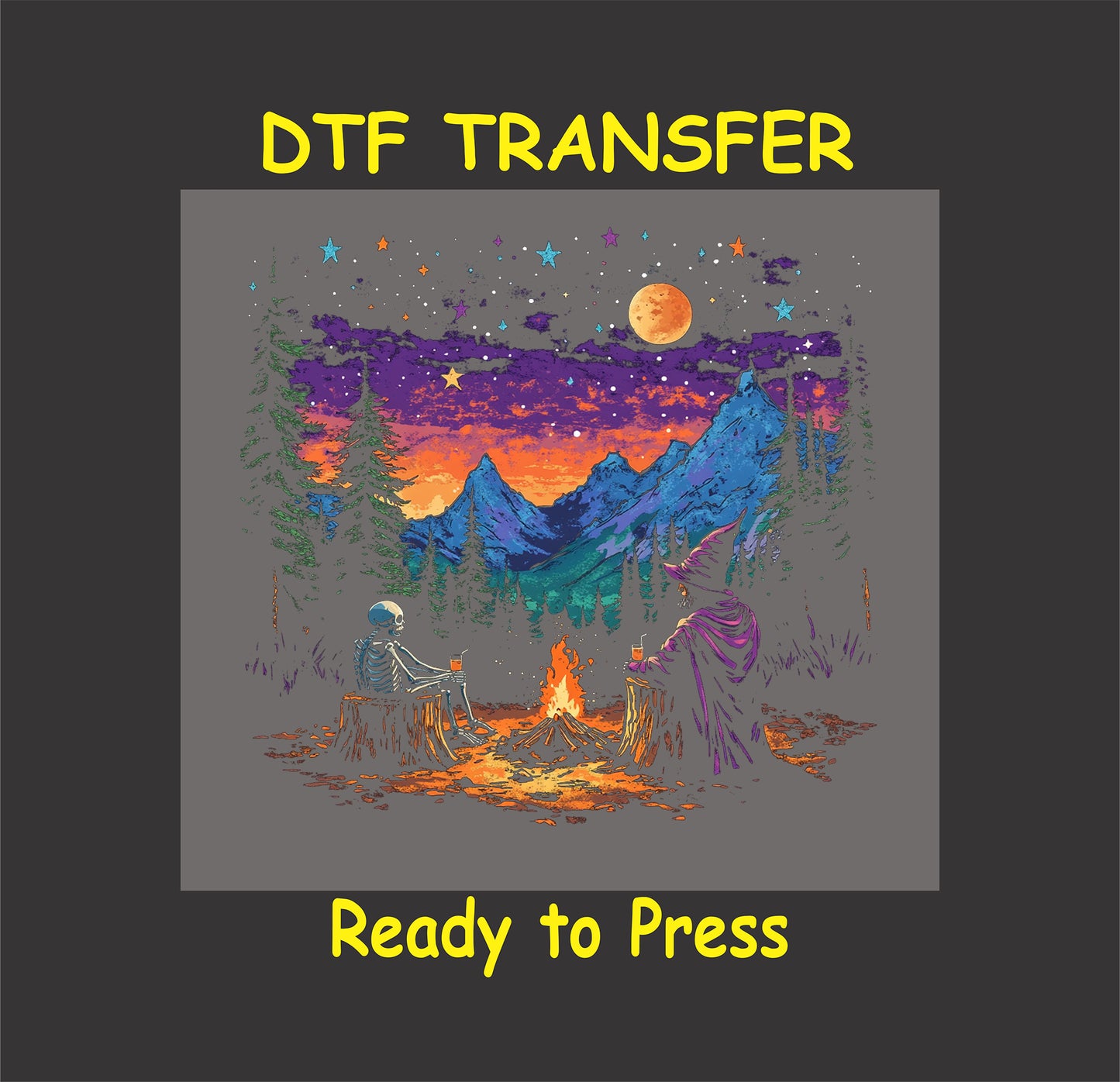 DTF transfer with witch and skeleton by campfire under stars, moon, and mountains.